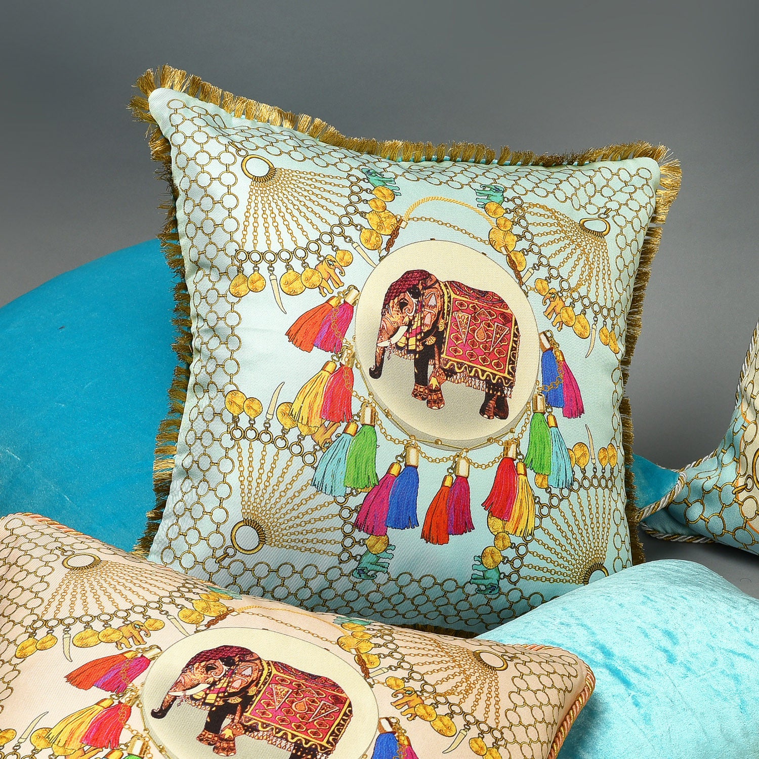 Silk twill and velvet Indian elephant print cushion - Bivain - 2