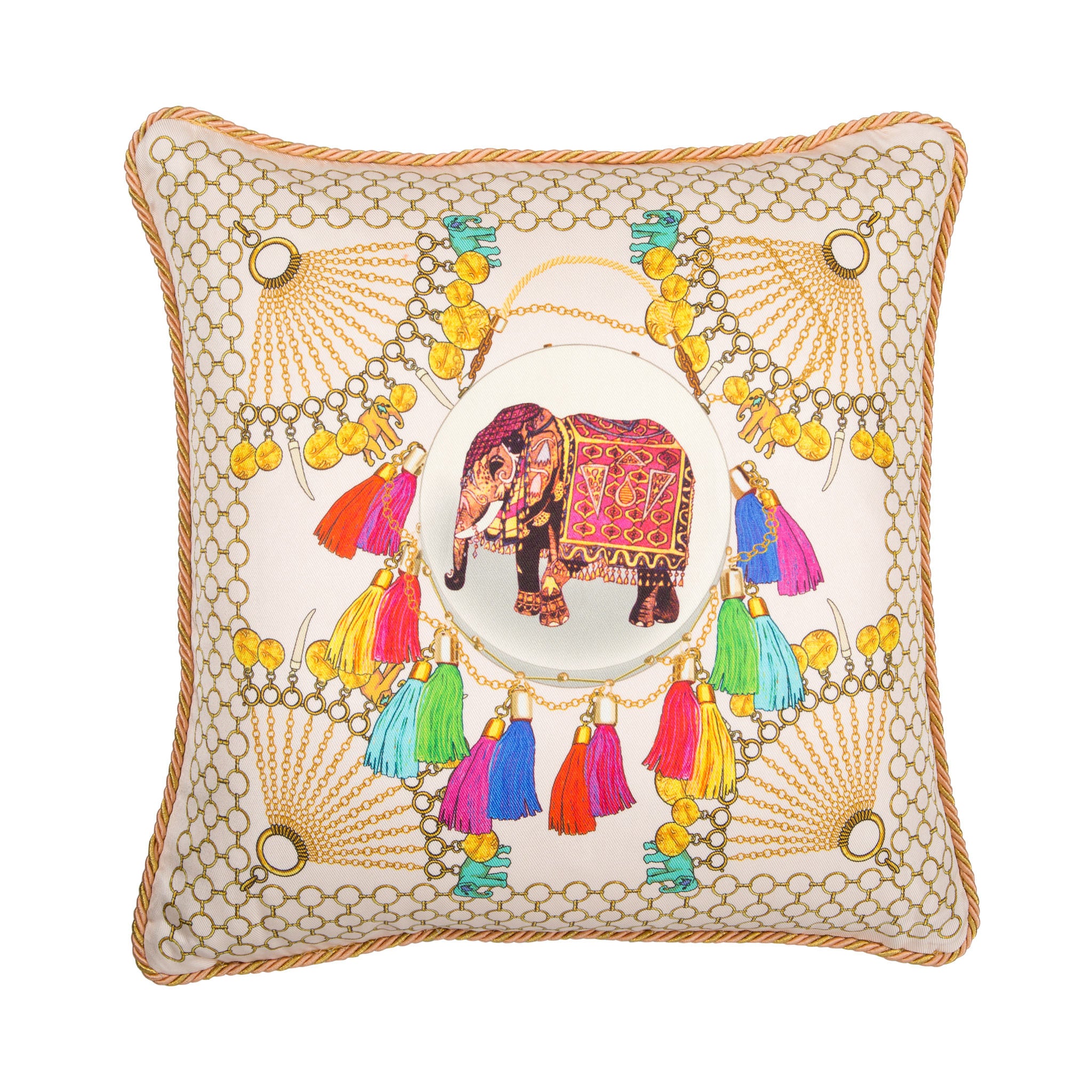 Silk twill and velvet Indian elephant print cushion - Bivain - 1