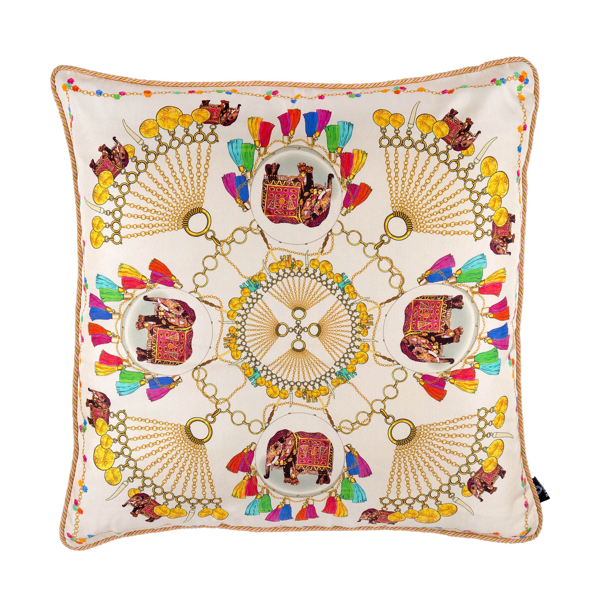 Silk twill and velvet Indian elephant and chain print cushion - Bivain - 1