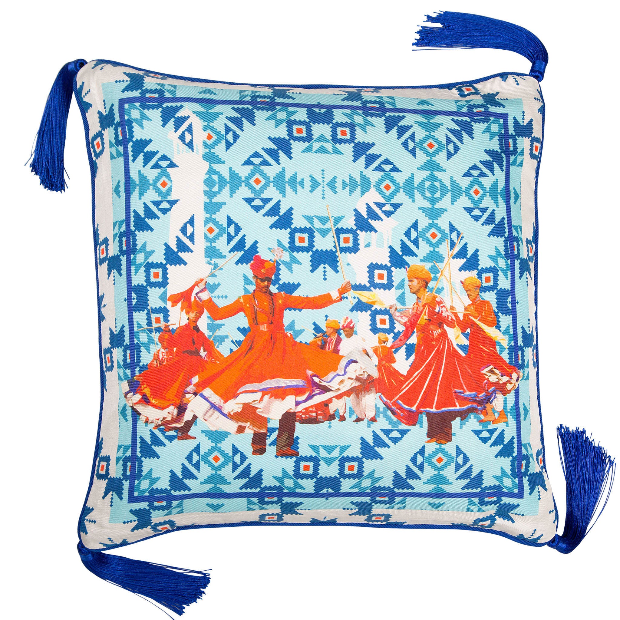 Silk twill and velvet blue graphic print tasselled cushion - Bivain - 1
