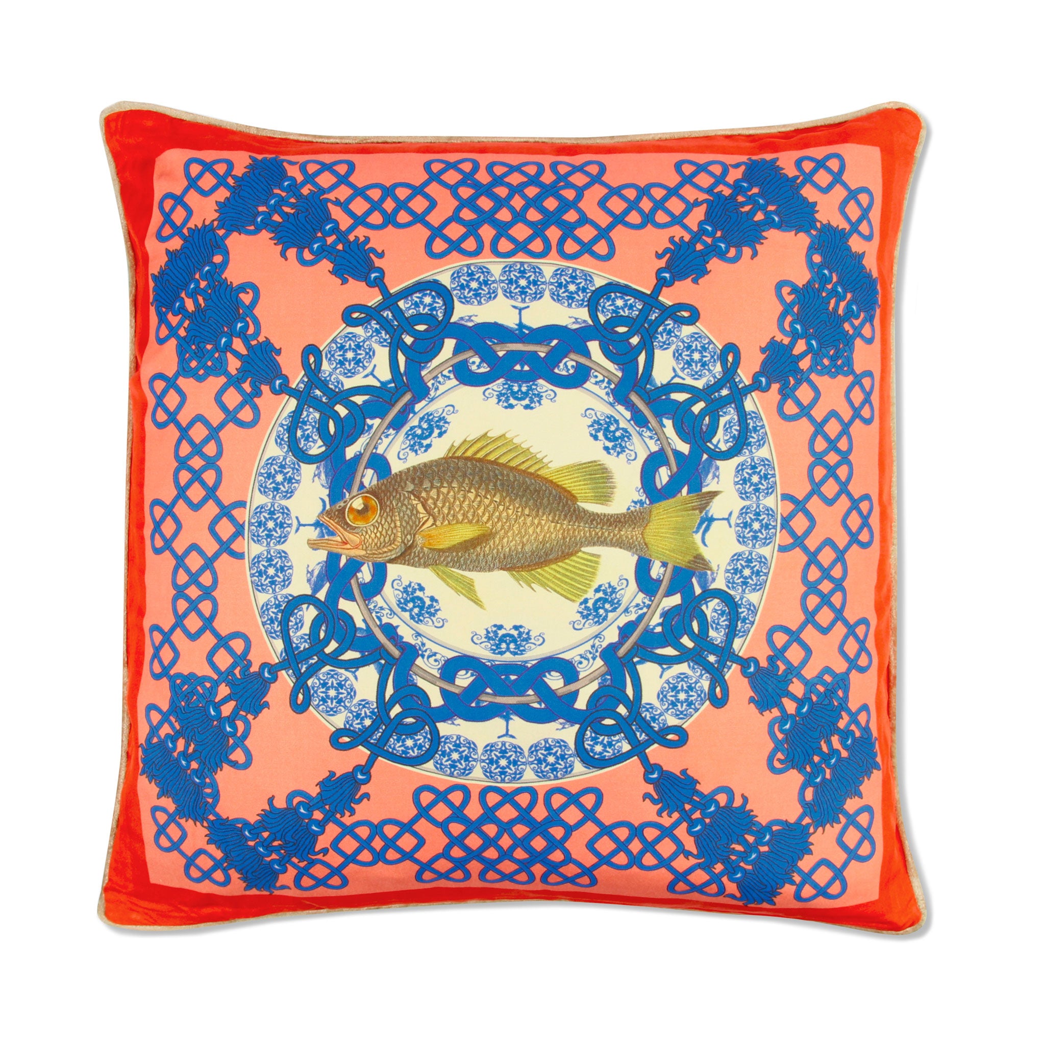 Silk twill and velvet fish print coral cushion - Bivain - 1